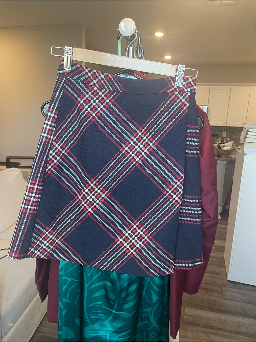 Halogen Navy Plaid A-Line Skirt with Red & White Accents